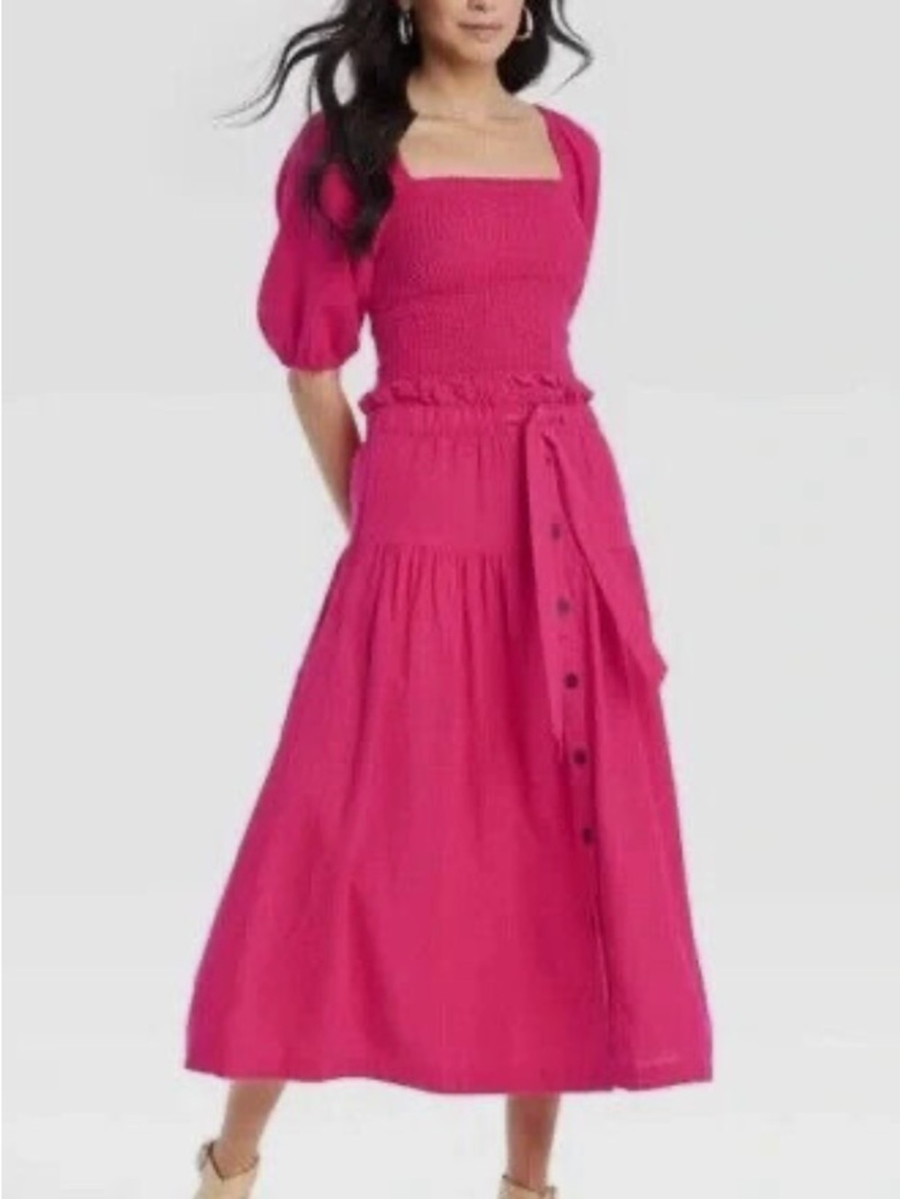 Matching Set Tie Waist Button-Front Midi Skirt, Puff Sleeve Smocked top Pink S